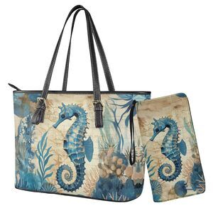 1052 Seahorse Print Handbag and Wallet Set Purse and Wallet Set Leather